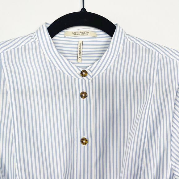 Scotch & Soda Womens Small Blue White Striped Gathered Waist Button Down Blouse - Picture 6 of 13